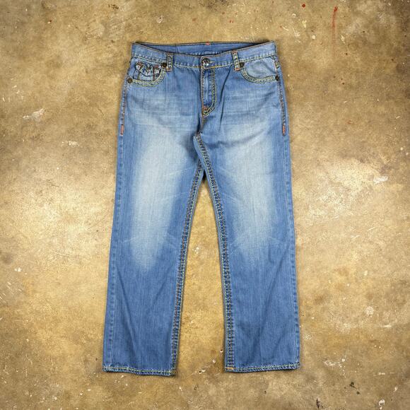 True Religion Jeans Men’s 40 Rainbow Stitch Straight Leg Blue Denim Y2K - Picture 1 of 16